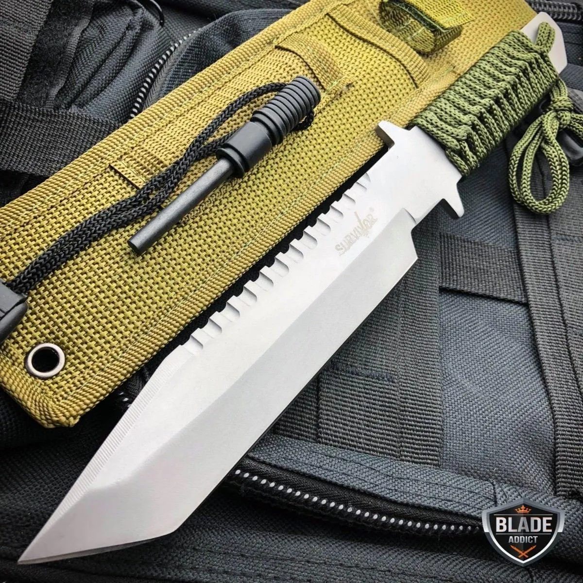 11" Tactical FIXED BLADE Knife Survival Bowie   Firestarter SET