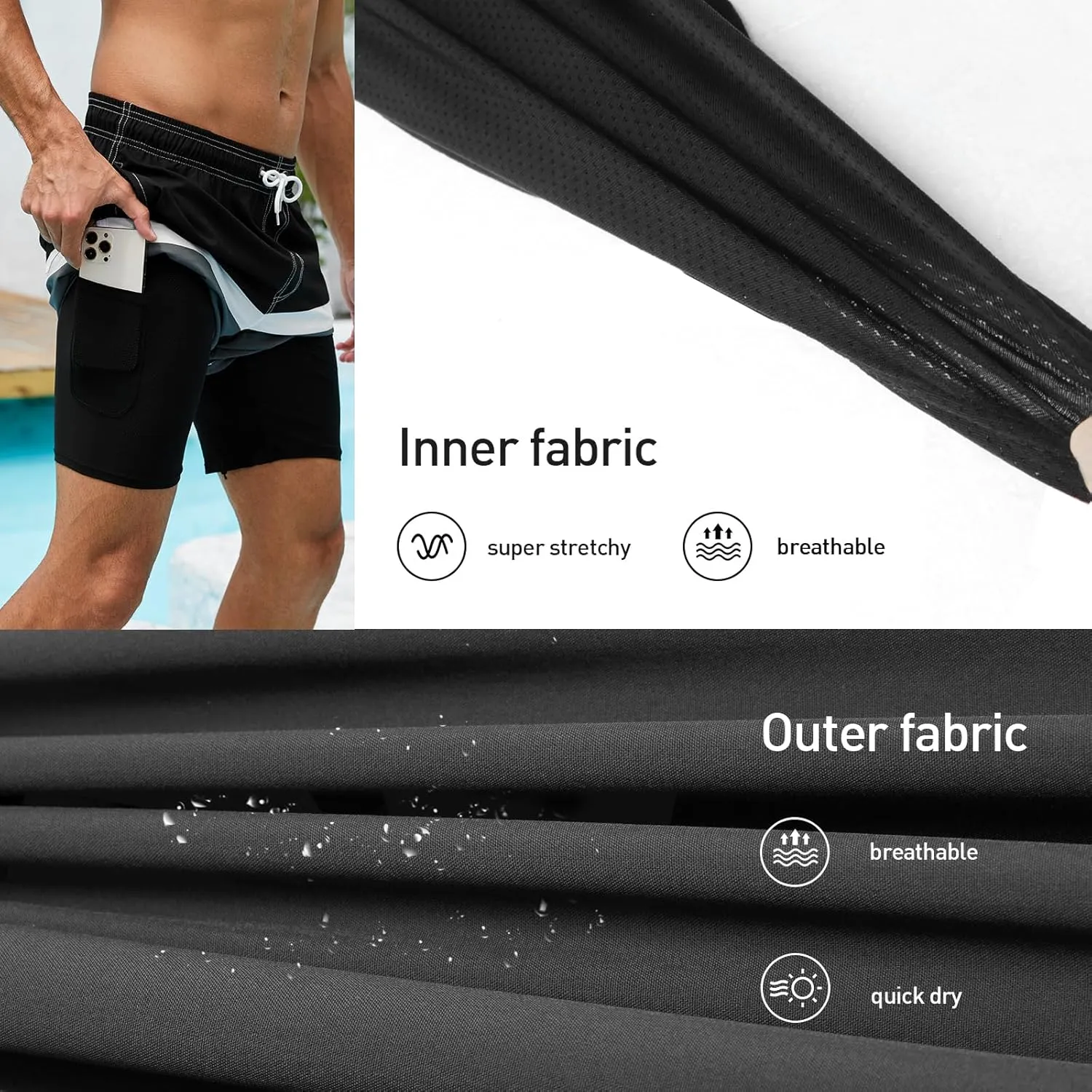 Arcweg Mens Swim Trunks with Compression Liner 9 Men Beach Board 2 in 1 Bathing Suit with Zipper Pockets, Quick Dry