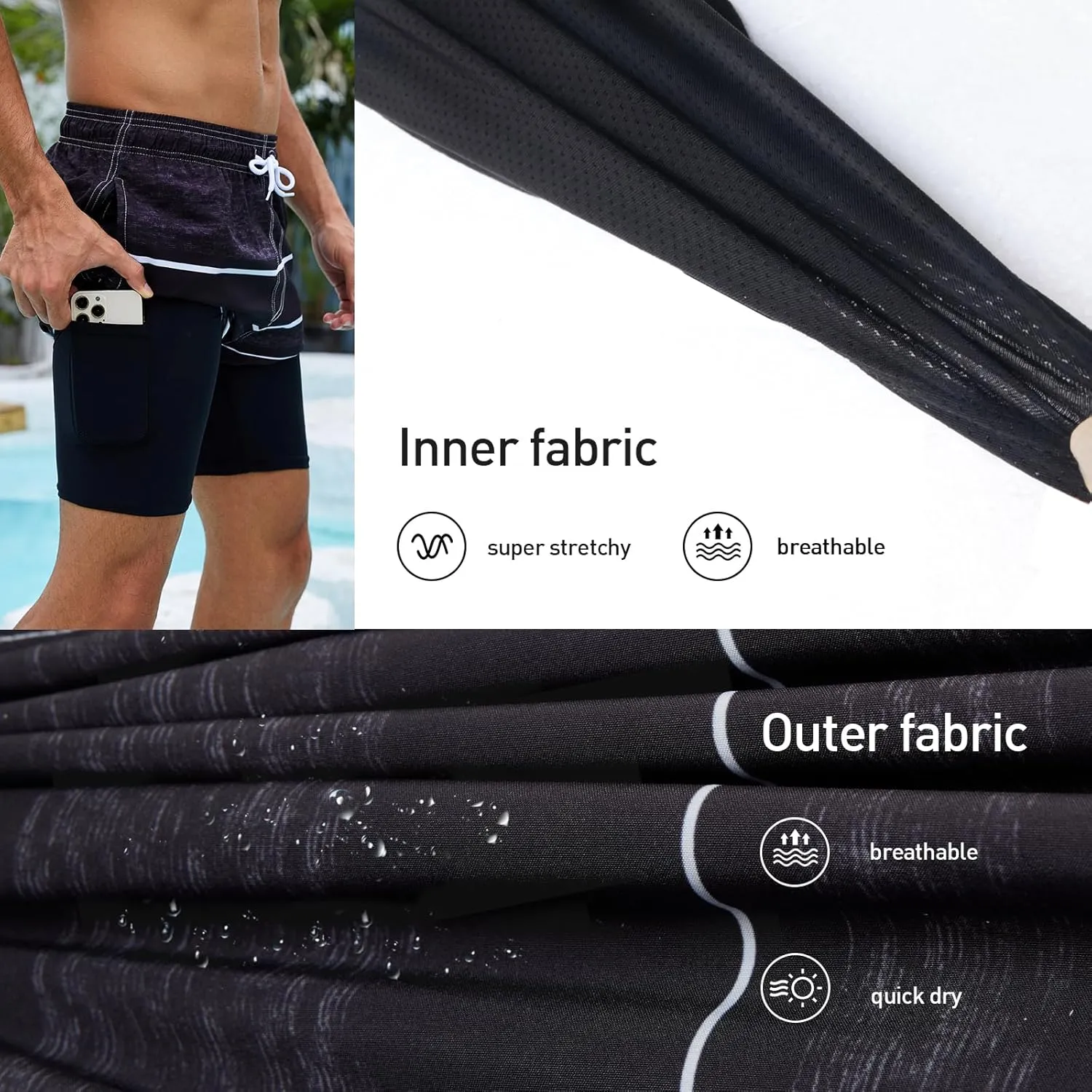 Arcweg Mens Swim Trunks with Compression Liner 9 Men Beach Board 2 in 1 Bathing Suit with Zipper Pockets, Quick Dry