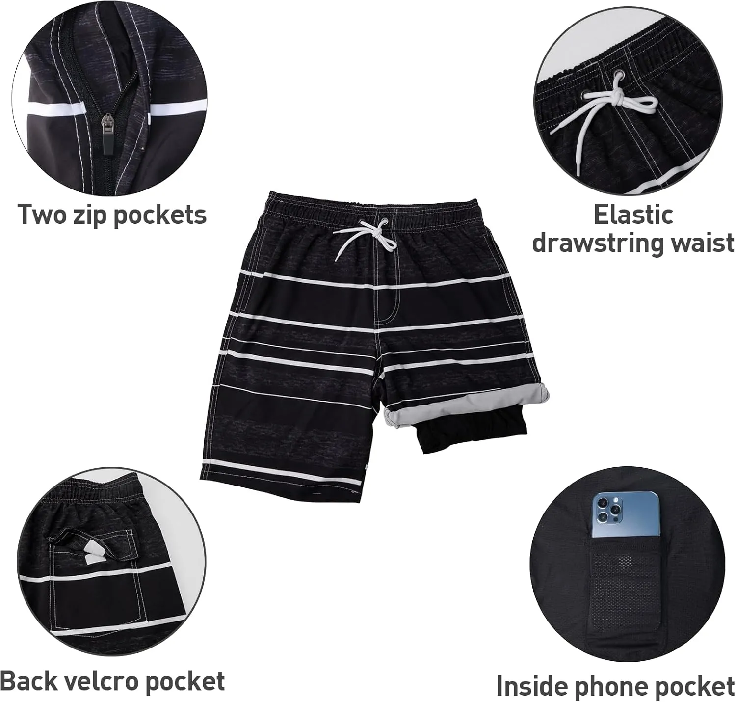Arcweg Mens Swim Trunks with Compression Liner 9 Men Beach Board 2 in 1 Bathing Suit with Zipper Pockets, Quick Dry