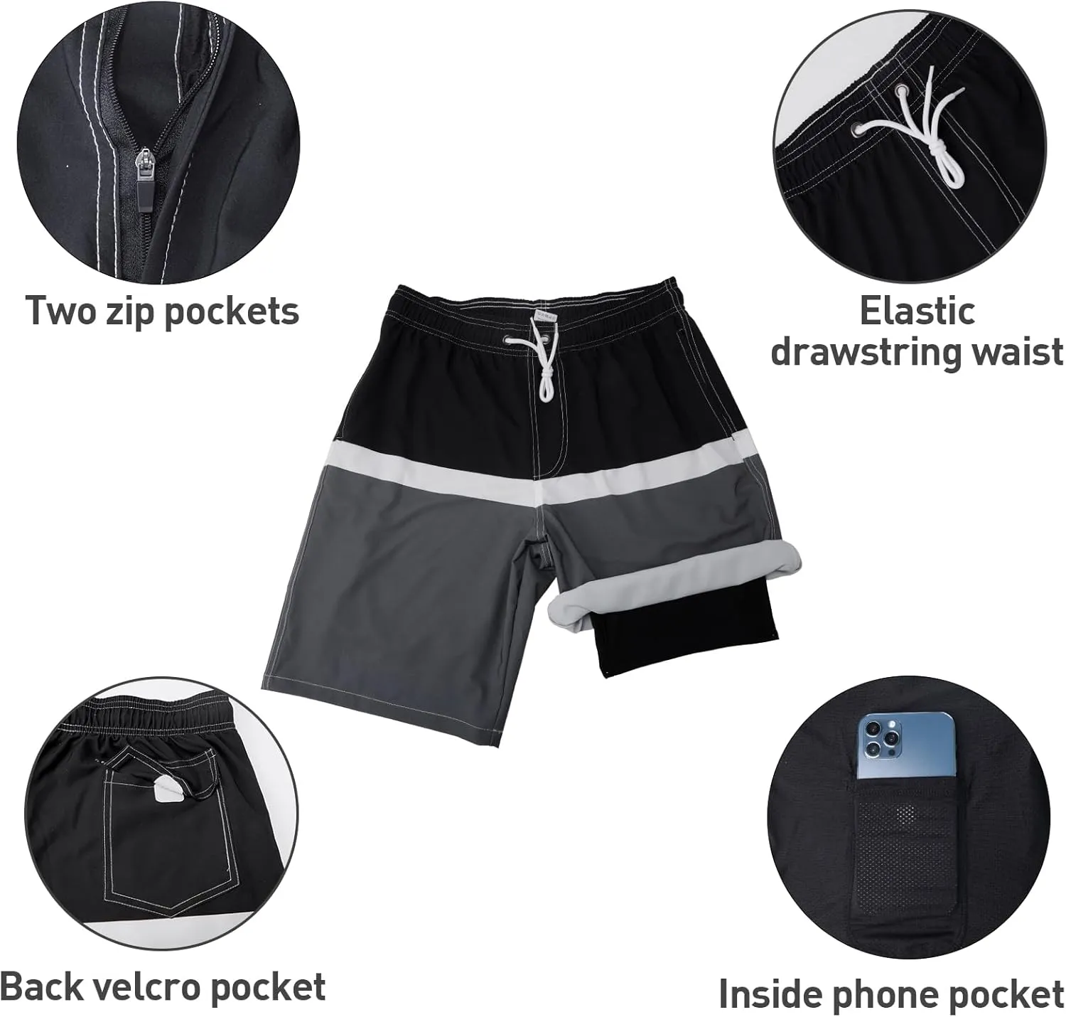 Arcweg Mens Swim Trunks with Compression Liner 9 Men Beach Board 2 in 1 Bathing Suit with Zipper Pockets, Quick Dry