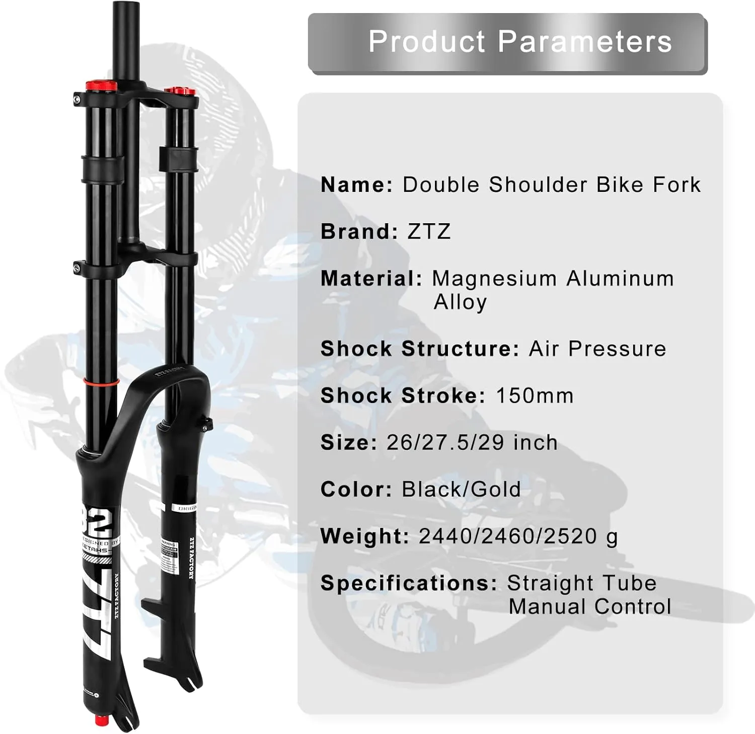 B Bolany Bike Suspension Fork 26/27.5/29" for Mountain Bike DH Air Double Shoulder Downhill Rappelling Shock Absorber Straight Tube Ultralight Bicycle Shock Absorber Rebound Adjust