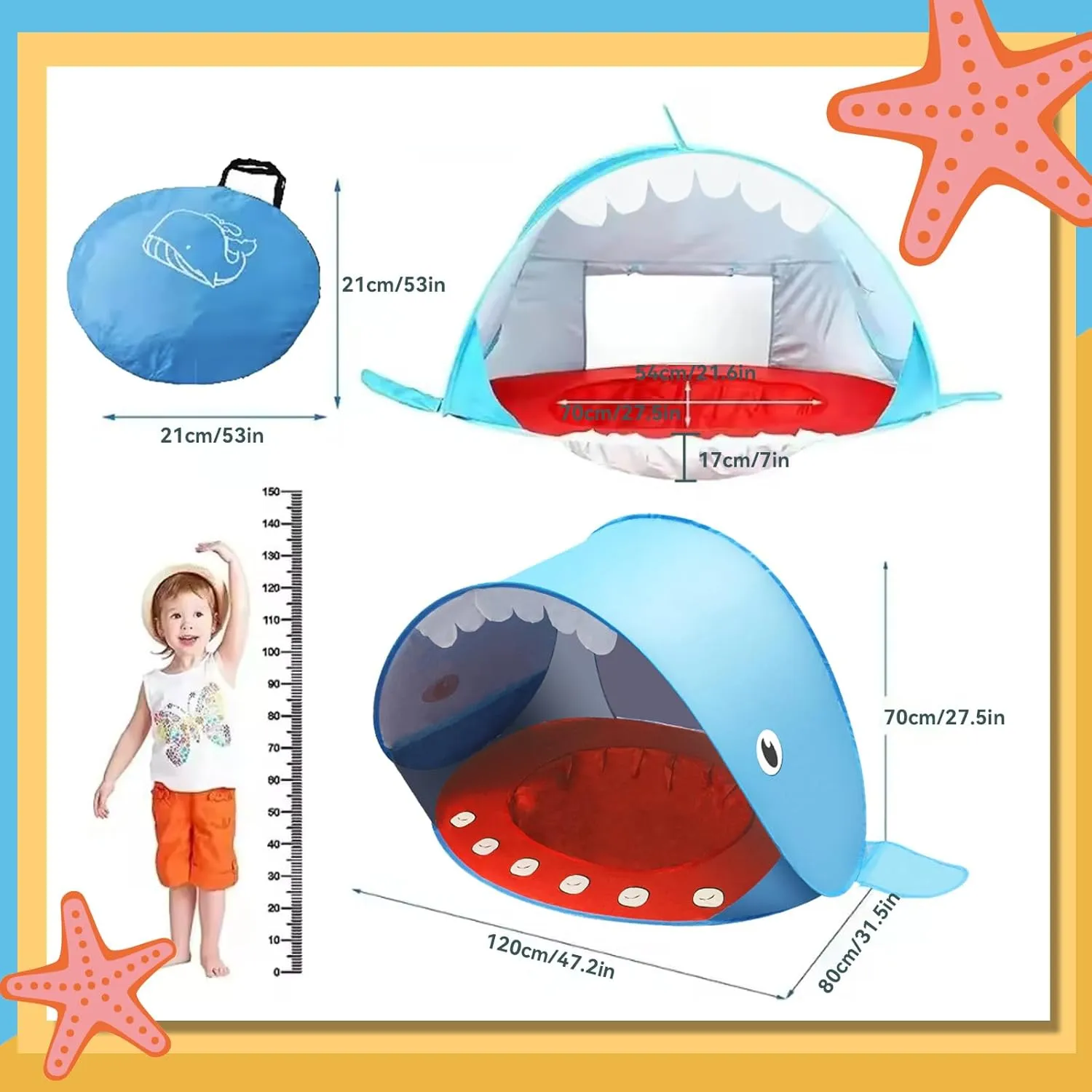 Baby Beach Tent, Pop Up Portable Sun Shade Tent with Pool, Lightweight Waterproof UV Protection Beach Sun Shelter with Storage Bag for Baby Beaches, Yard, Picnic, Garden(Shark-Gray)