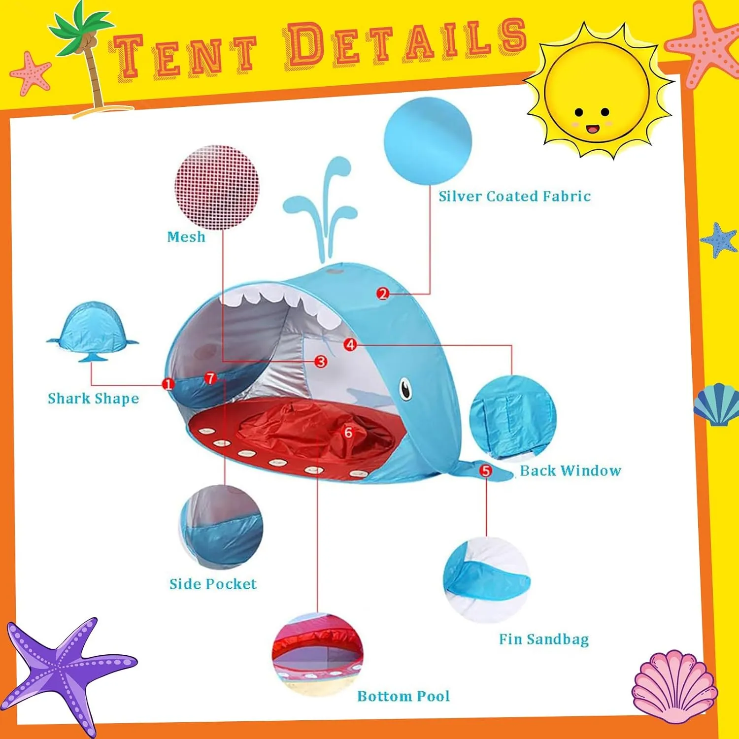 Baby Beach Tent, Pop Up Portable Sun Shade Tent with Pool, Lightweight Waterproof UV Protection Beach Sun Shelter with Storage Bag for Baby Beaches, Yard, Picnic, Garden(Shark-Gray)