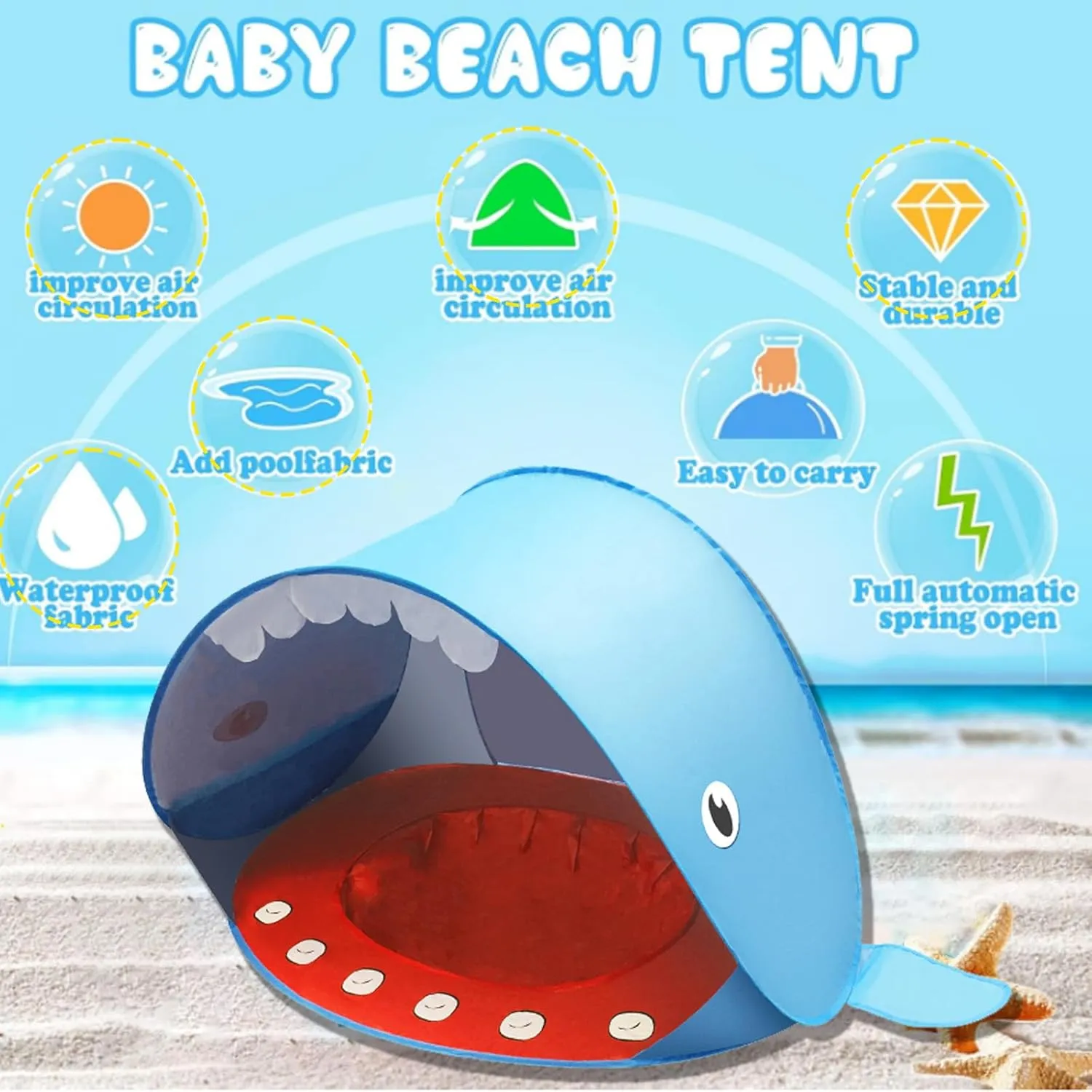Baby Beach Tent, Pop Up Portable Sun Shade Tent with Pool, Lightweight Waterproof UV Protection Beach Sun Shelter with Storage Bag for Baby Beaches, Yard, Picnic, Garden(Shark-Gray)