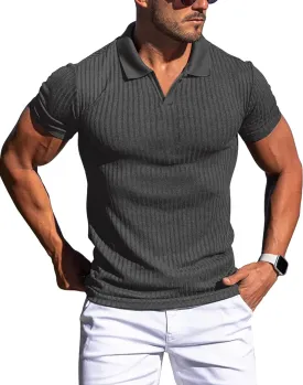 Collared Muscle Shirts for Men Ribbed Knit Slim Fit Polo Shirts Short Sleeve, Mens V Neck T Shirts Casual Stylish