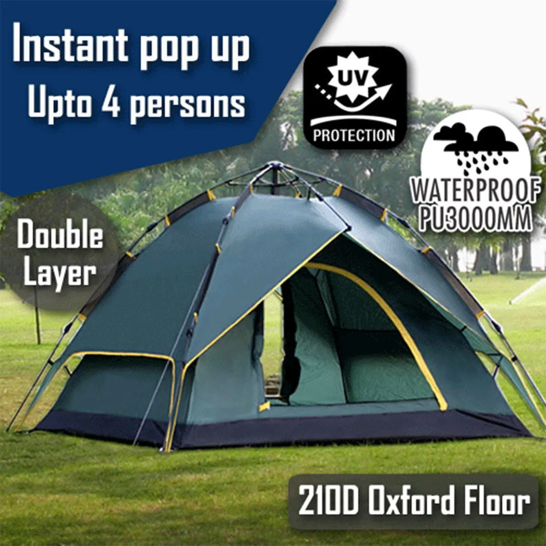 Double Layer Pop Up Camping Camp Tent Up to 4 Person Outdoor Waterproof Shelter