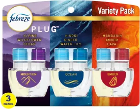 Febreze Odor-Fighting Fade Defy PLUG Air Freshener, Mountain, Ocean, Amber, (3) .87 fl. oz. Oil Refills- Pack of 3