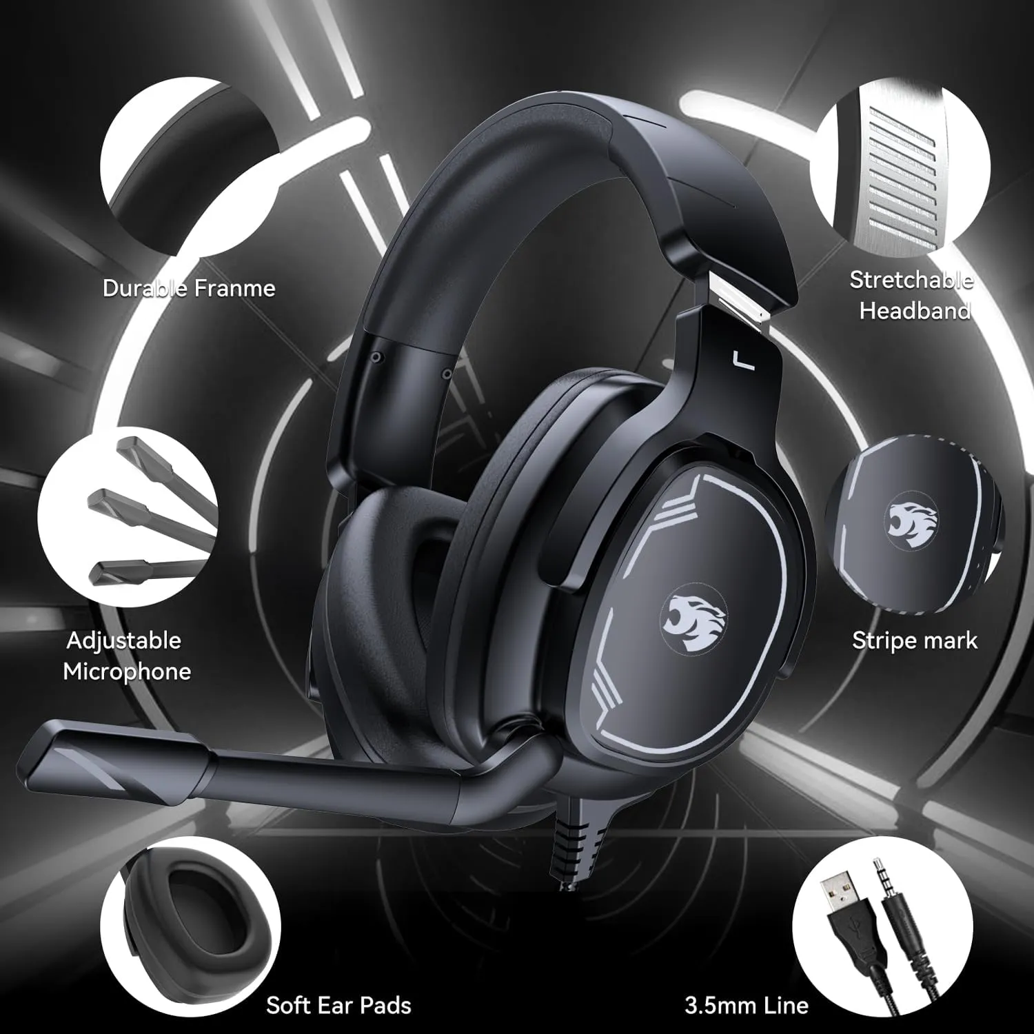 Gaming Headset for PC/PS4/PS5/Xbox One/Switch, Stereo Surround Sound Gaming Headphones with Noise Canceling Flexible Mic, Computer Headset with 3.5mm Jack(Black)