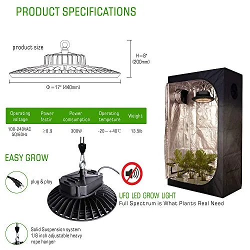 Hydro Plus Grow Tent Completely Kit 32''x32''x63'' Tent Kit New Tech UFO LED 300W 4'' Inline Fan Filter Kit for Growing Kit (UFO 300W 32''x32''x63'' Tent Kit)