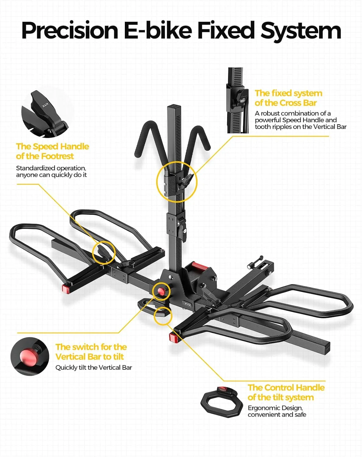 KYX 220 lb Hitch Mounted E-Bike Rack, 2-Bike Rack Hitch Mount Platform Style for Cars Trucks SUVs Minivans, fits MTB Gravel Road Bike with Up to 5-inch Fat Tire Carrier Rack - 2" Hitch Receiver