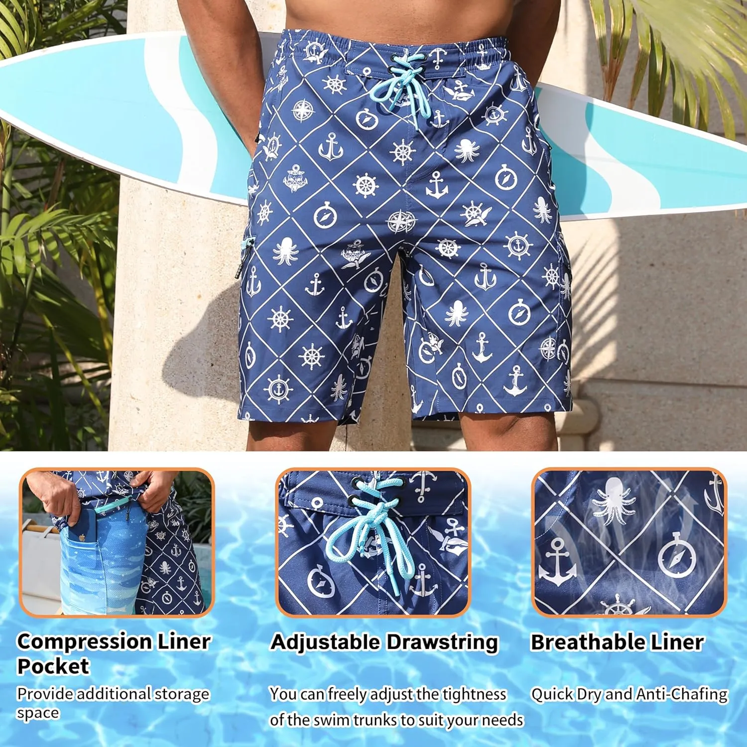 Mens Board Shorts with Compression Liner 9 Inseam Quick Dry Swimwear Bathing Suit Swim Trunks with 4 Pocket