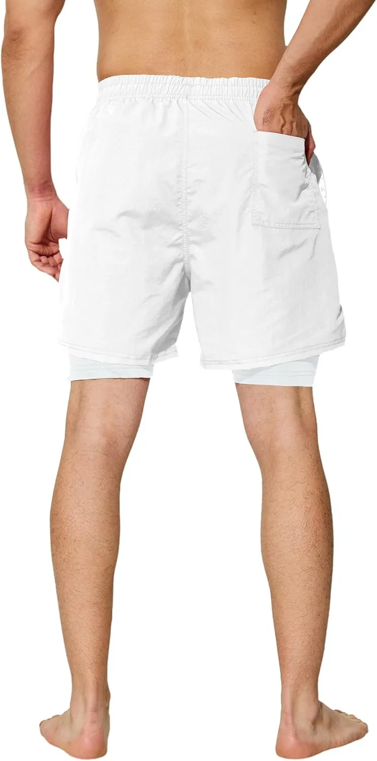 Mens Swim Trunks with Compression Liner 5 inch Inseam Quick Dry Bathing Suit 2 in 1 Board Shorts