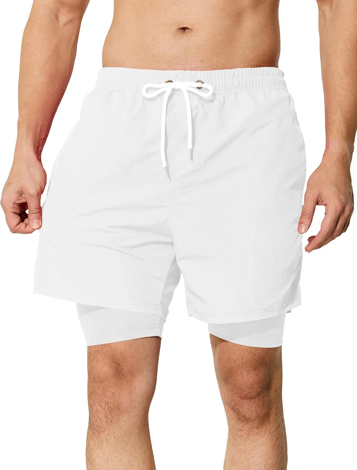 Mens Swim Trunks with Compression Liner 5 inch Inseam Quick Dry Bathing Suit 2 in 1 Board Shorts