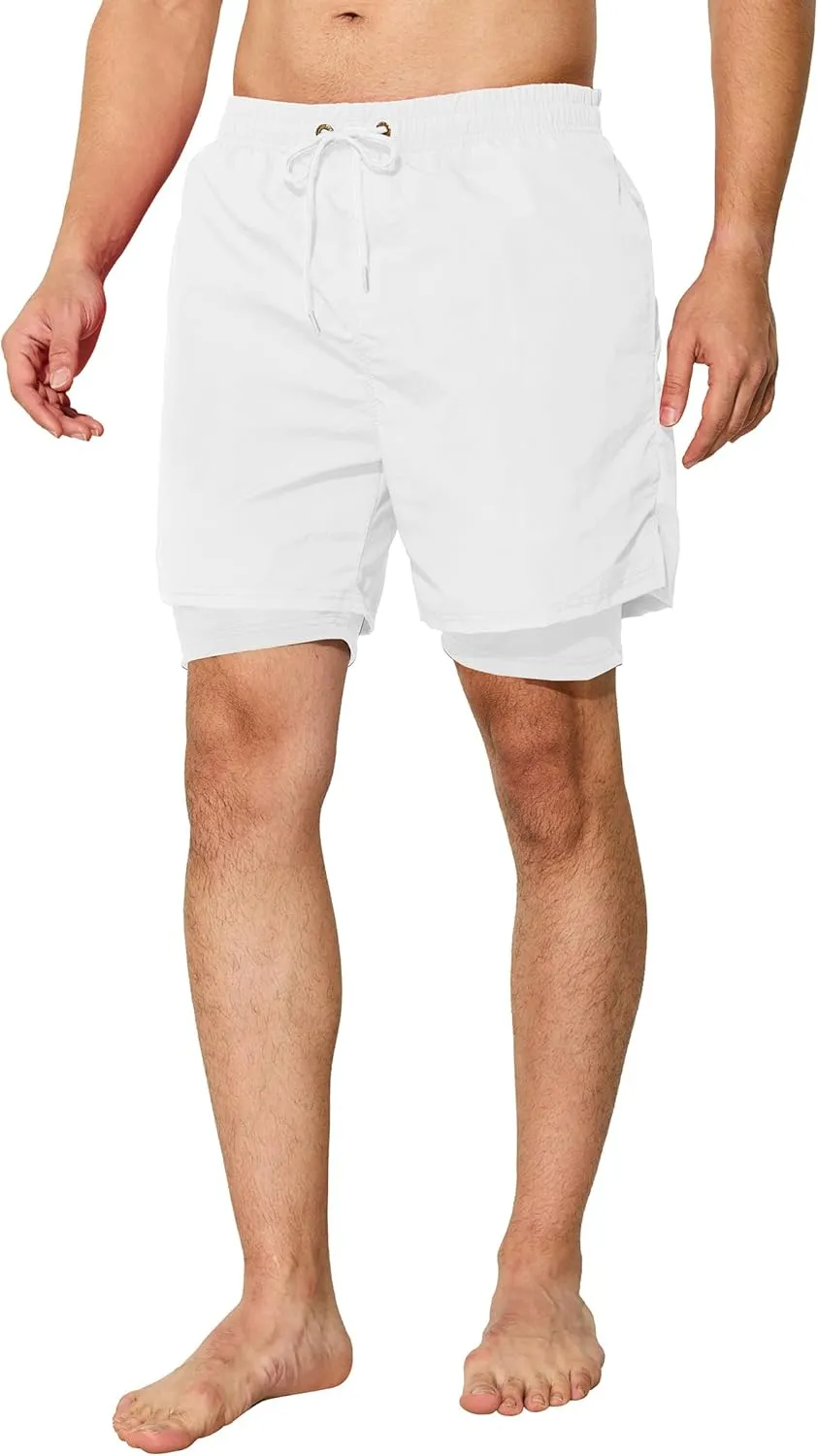 Mens Swim Trunks with Compression Liner 5 inch Inseam Quick Dry Bathing Suit 2 in 1 Board Shorts