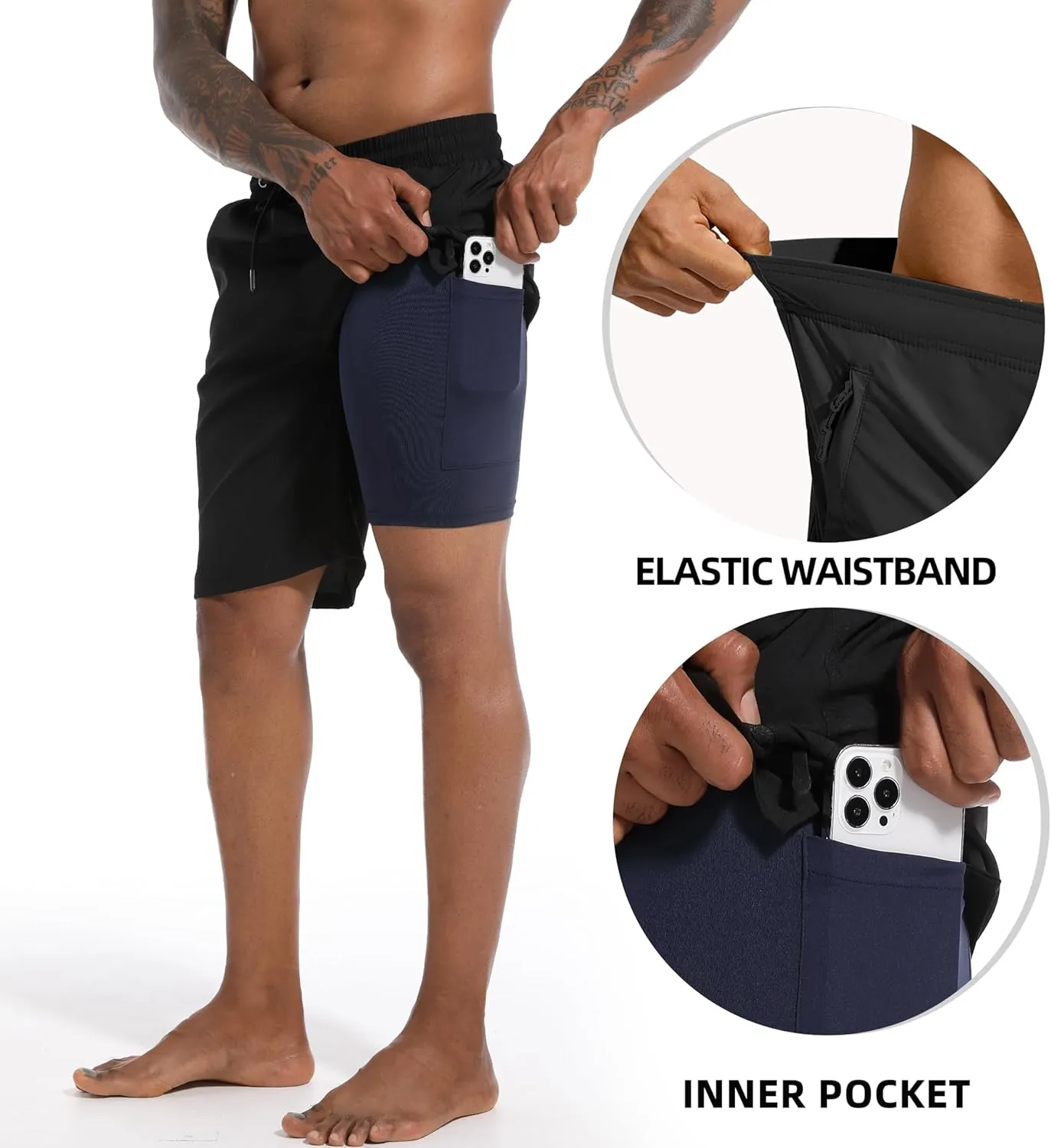 Mens Swim Trunks with Compression Liner 9" Board Shorts 2 in 1 Quick Dry Bathing Suits with Zipper Pockets