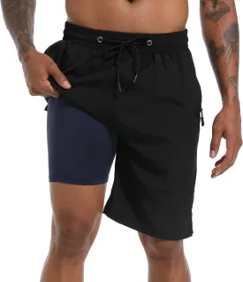Mens Swim Trunks with Compression Liner 9" Board Shorts 2 in 1 Quick Dry Bathing Suits with Zipper Pockets