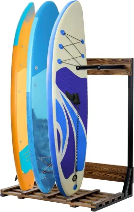 MyGift Freestanding Vertical Surfboard Storage Rack, Beach House Style Burnt Wood and Black Metal Wakeboard SUP Paddleboard Storage Stand - Holds up to 4 Boards