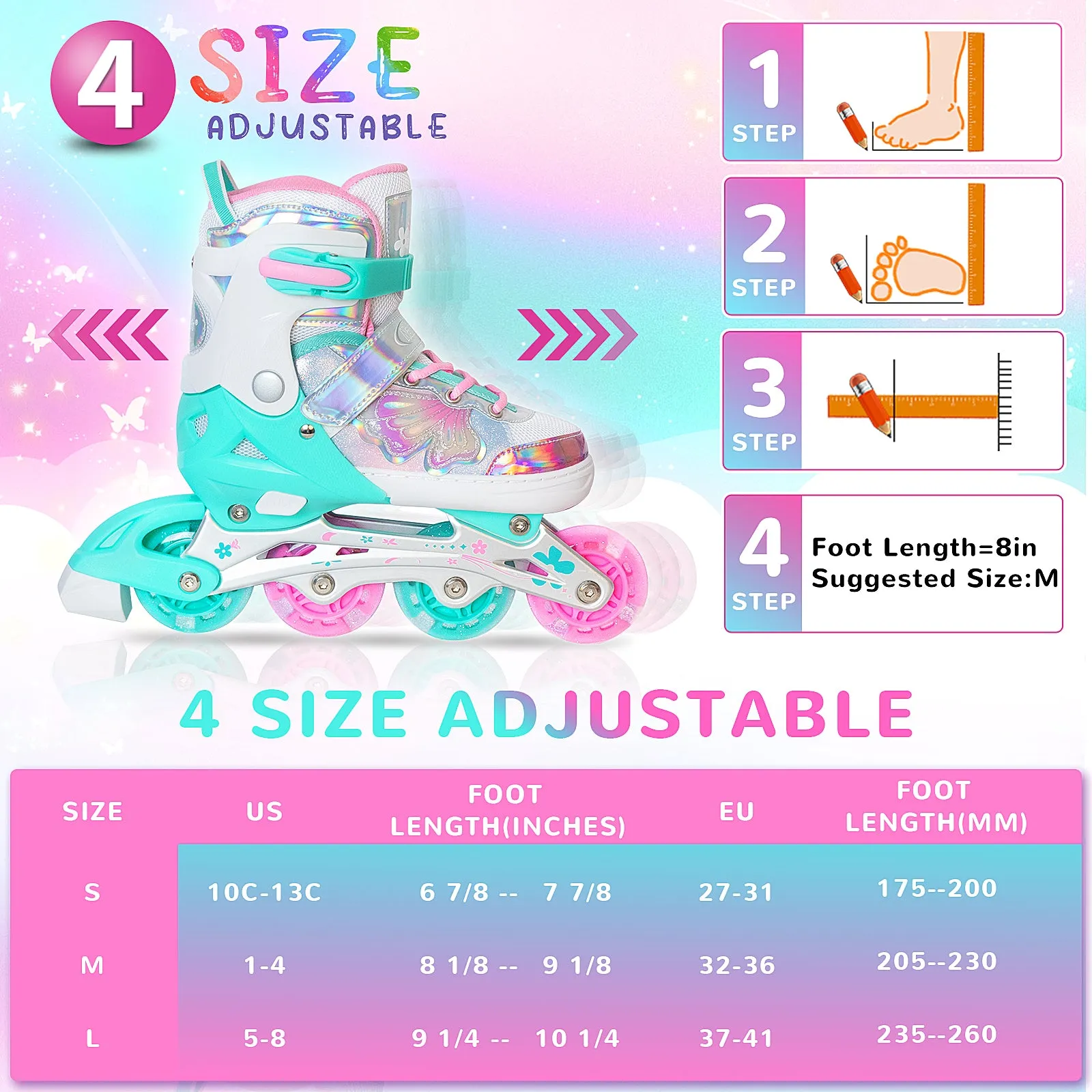 Nattork Adjustable Inline Skates for Kids - Fairy Wing Teal Fantasy
