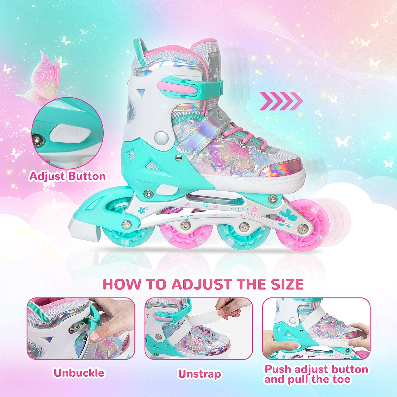 Nattork Adjustable Inline Skates for Kids - Fairy Wing Teal Fantasy