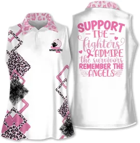 Personalized Breast Cancer Golf Shirts Golf Shirts for Women Sleeveless with Collar, Support The Fighters Admire The Survivors Remember The Angels, Women's Sleeveless Golf Shirts Leopard