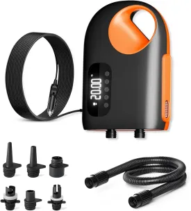 Portable Paddle Board Pump, 3 Light Modes, 20PSI Electric SUP Pump, LCD Display, Dual Stage Inflate/Deflate Auto Shutoff, 12V DC Car Connector, Electric Pump for Paddle Board Kayak Boat