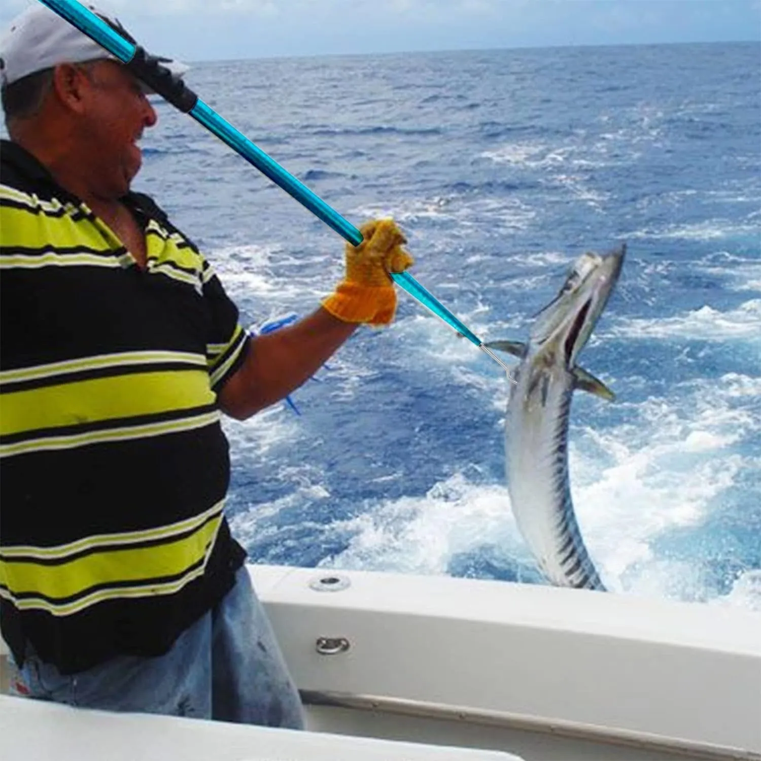 SANLIKE Telescopic Fish Gaff with Stainless Sea Fishing Spear Hook Tackle, Soft Handle Aluminium Alloy Pole for Saltwater Offshore Ice Tool