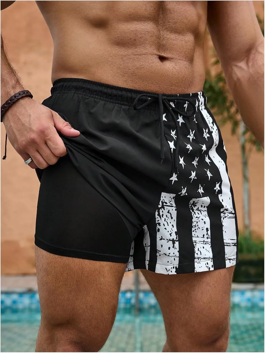 SHENHE Men's Swim Trunks with Compression Liner American Flag Print Board Shorts Bathing Suit
