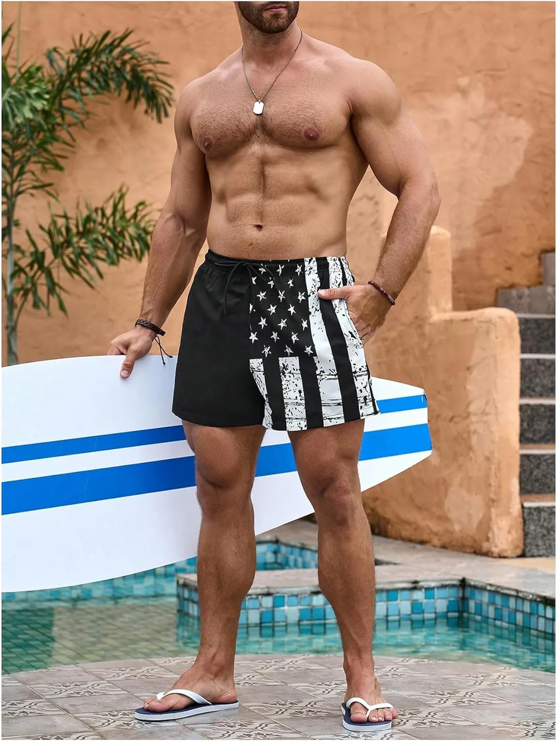 SHENHE Men's Swim Trunks with Compression Liner American Flag Print Board Shorts Bathing Suit