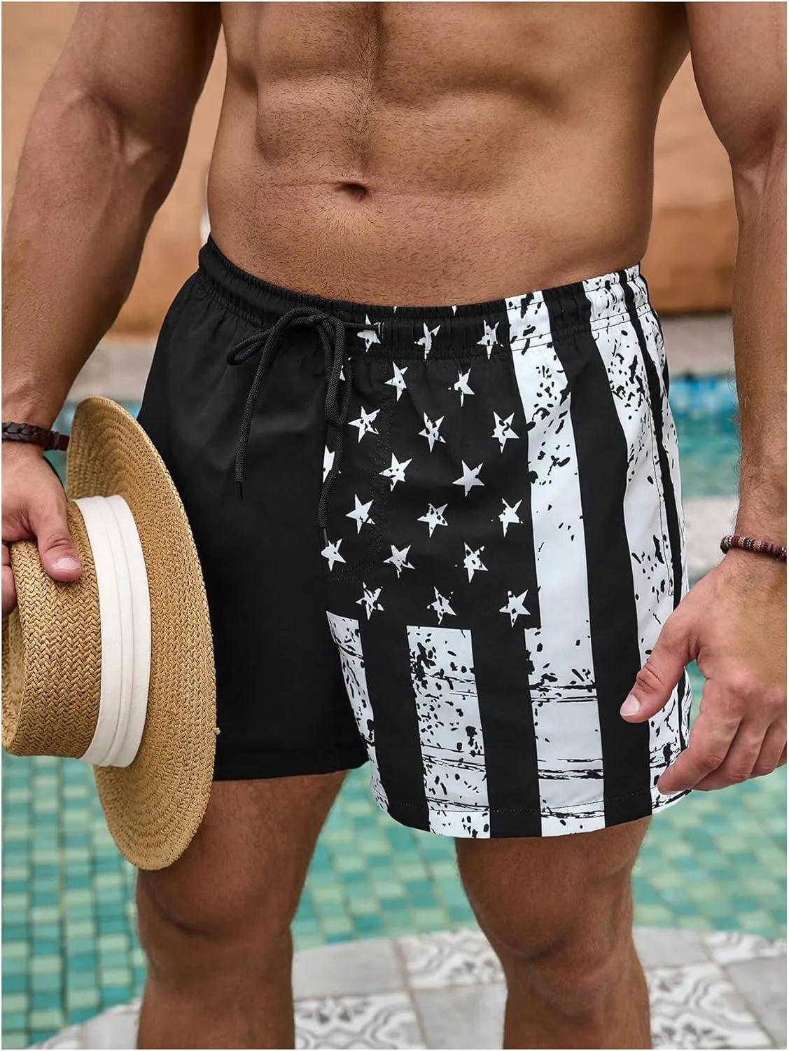SHENHE Men's Swim Trunks with Compression Liner American Flag Print Board Shorts Bathing Suit