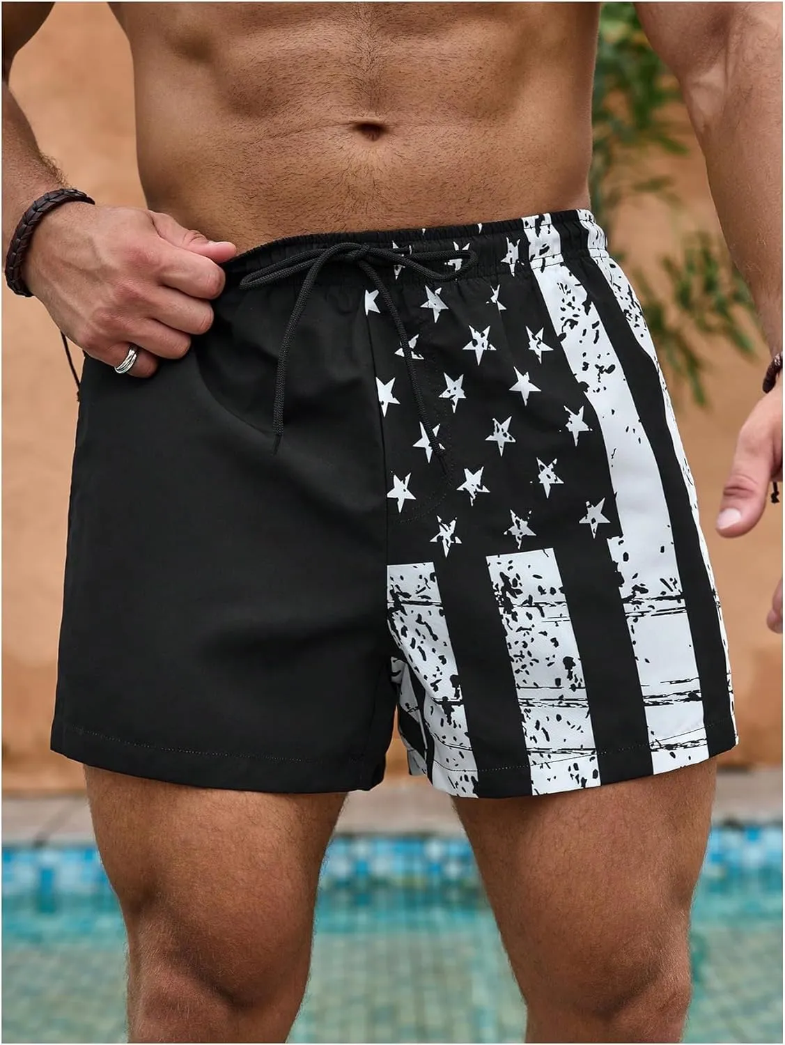 SHENHE Men's Swim Trunks with Compression Liner American Flag Print Board Shorts Bathing Suit
