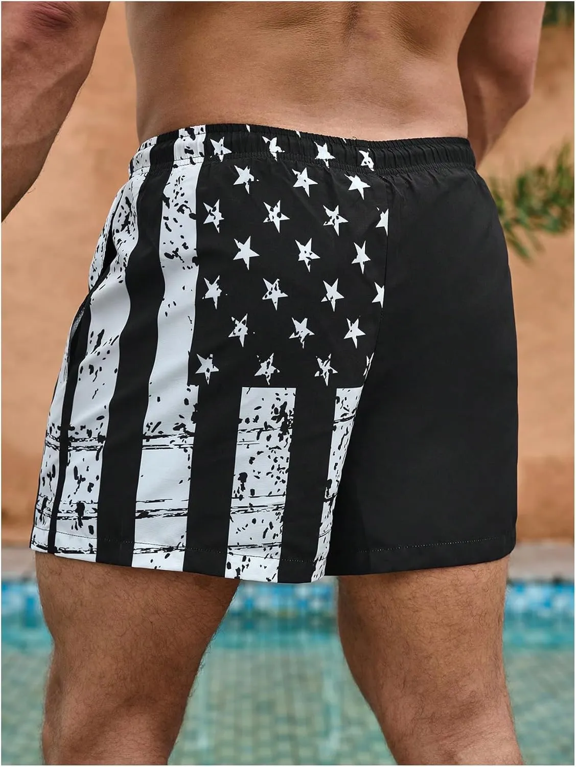 SHENHE Men's Swim Trunks with Compression Liner American Flag Print Board Shorts Bathing Suit