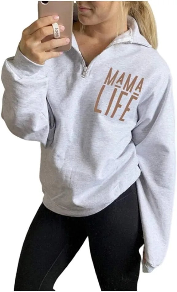 TAIUICY Women Mama Life Zip Up Pullover Sweatshirt Jacket High Collar Quarter 1/4 Zip Coat
