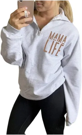 TAIUICY Women Mama Life Zip Up Pullover Sweatshirt Jacket High Collar Quarter 1/4 Zip Coat