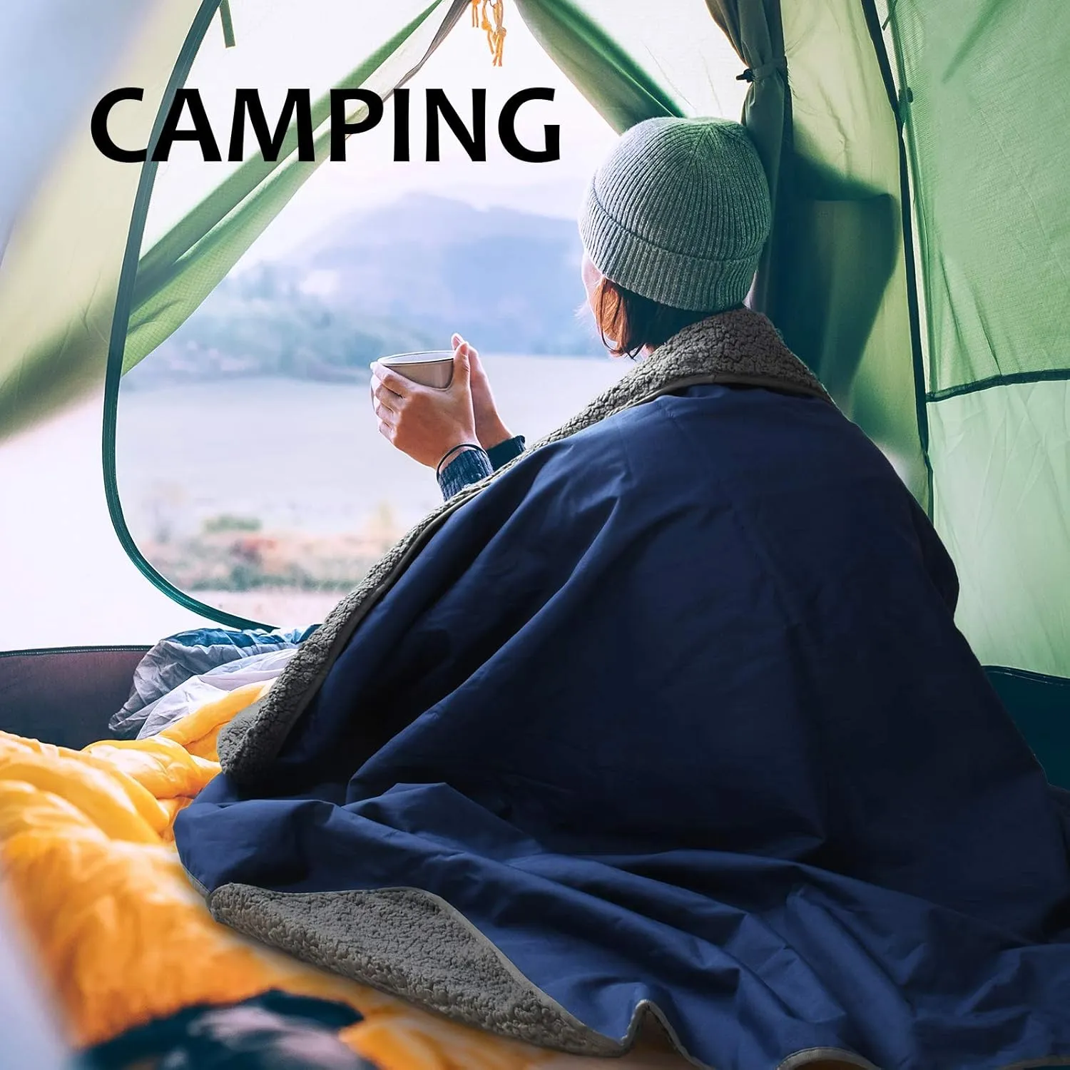 Tirrinia Outdoors Waterproof Camping Blanket,Sherpa Fleece Warm Windproof Soccer Stadium Blanket for Car Football Beach Concerts,51''X 59''