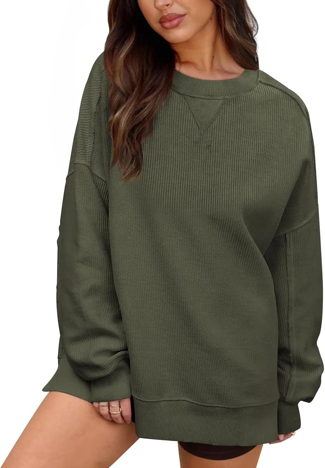 Womens Sweatshirt Crewneck Corded Corduroy Sweater for Women Casual Oversized Ribbed Long Sleeve Shirt Pullover Top
