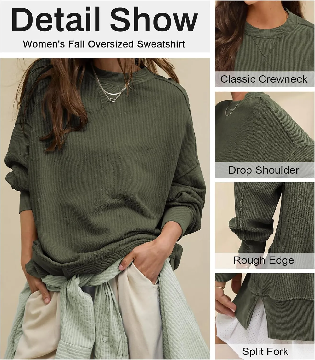 Womens Sweatshirt Crewneck Corded Corduroy Sweater for Women Casual Oversized Ribbed Long Sleeve Shirt Pullover Top