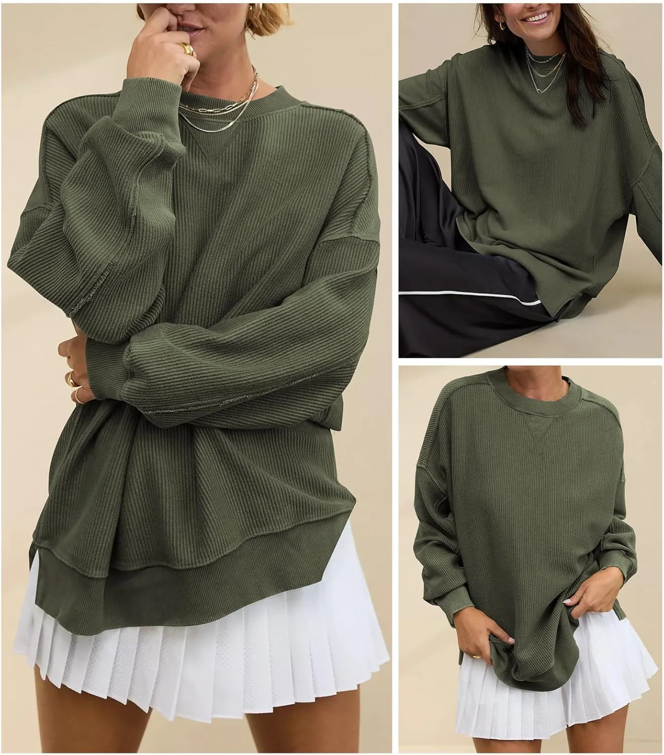 Womens Sweatshirt Crewneck Corded Corduroy Sweater for Women Casual Oversized Ribbed Long Sleeve Shirt Pullover Top