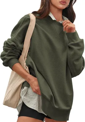 Womens Sweatshirt Crewneck Corded Corduroy Sweater for Women Casual Oversized Ribbed Long Sleeve Shirt Pullover Top
